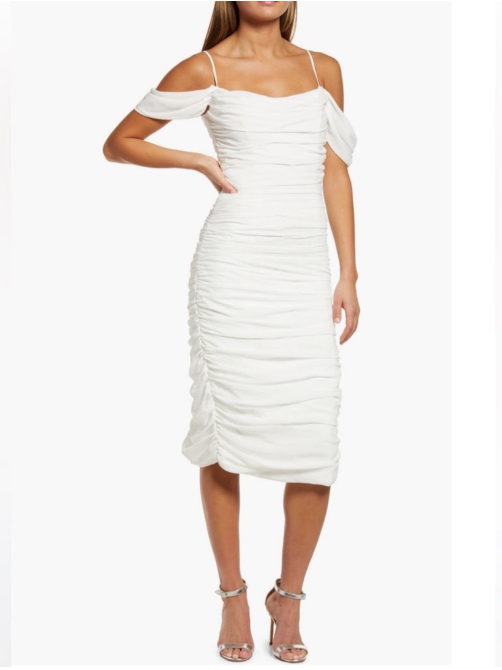 Off-Shoulder White Ruched Midi Dress